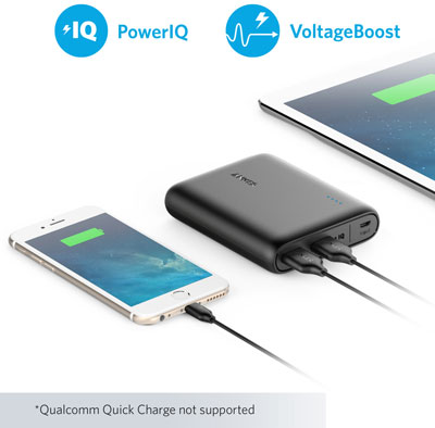The PowerCore 13000 charging an iPhone and an iPad at the same time. Above them are logos of PowerIQ and VoltageBoost. Below them are texts reading as “Qualcomm Quick Charge not supported”